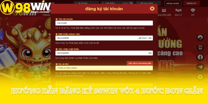 Hướng dẫn đăng ký 98win với 4 bước đơn giản